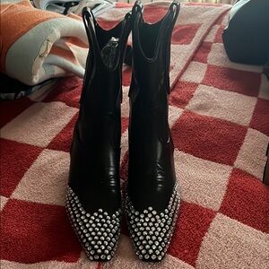 FSJ Black and Silver Heeled Boots with Polka Dot Design